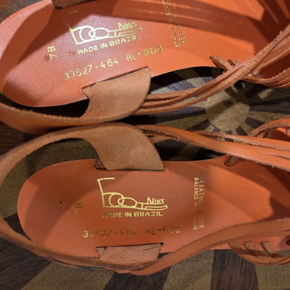 True Vintage 70s Foot Niks Sandals Shoes US 7B Orange Leather Boho Hippie Gypsy - Picture 9 of 11